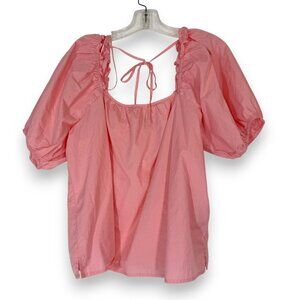 Nine West Womens Top Blouse Pink Cotton Short Balloon Sleeve Milkmaid Large